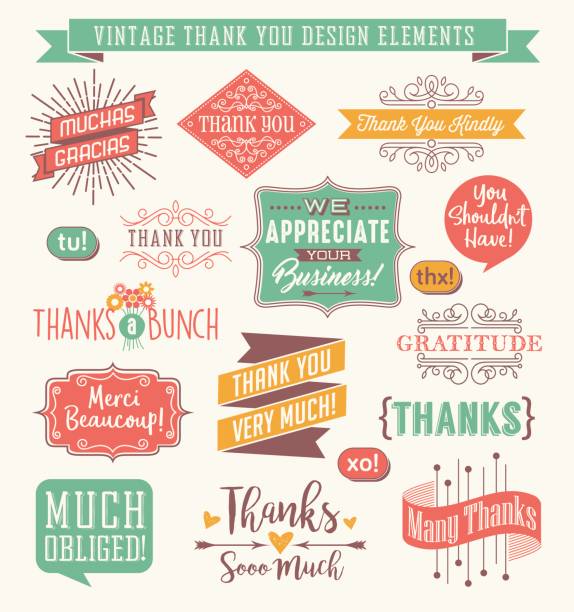 ilustrações, clipart, desenhos animados e ícones de conjunto de elementos de design de tipografia obrigado. ilustração em vetor. - speech bubble retro revival old fashioned thank you