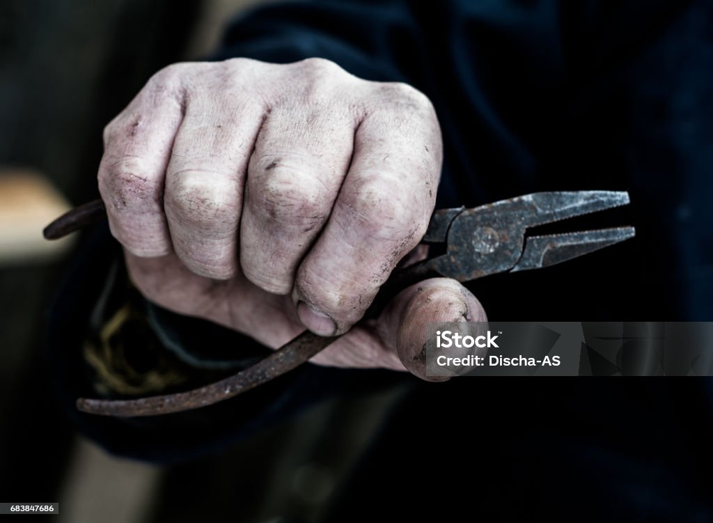 male hands Vintage metal tool are in men's hands. Adult Stock Photo