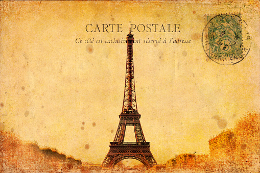 vintage style postcard with antique look texture of the Eiffel Tower in Paris, France