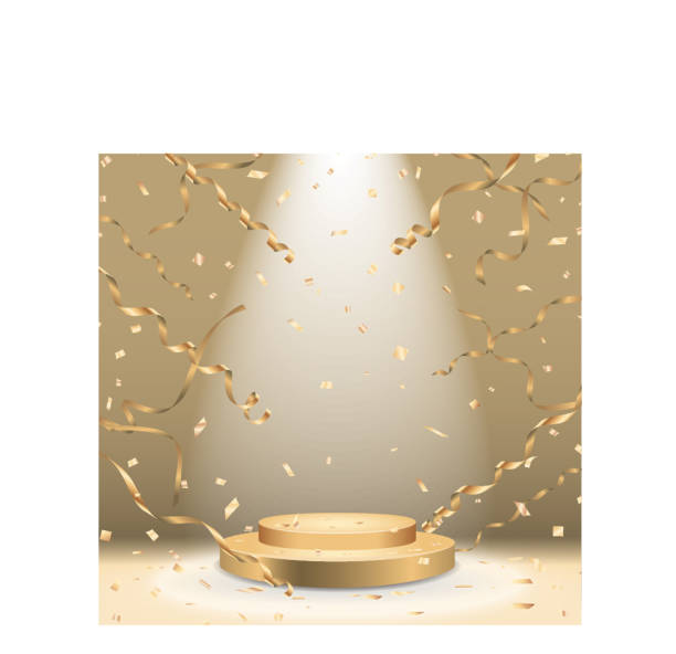 Golden podium with spotlight and confetti Vector Vector EPS10 format. gold podium stock illustrations