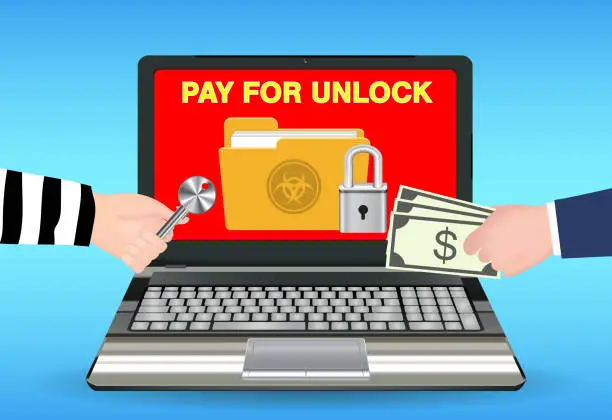 Vector illustration of laptop computer infected ransomware virus pay for unlock data
