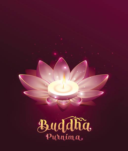 buddha purnima vesak tag lettring text grußkarte. lotusblume und brennende kerze - vesak day stock-grafiken, -clipart, -cartoons und -symbole