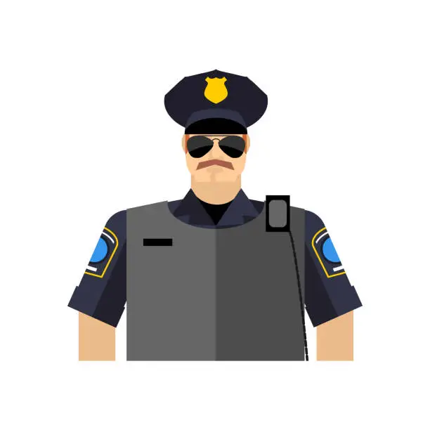 Vector illustration of Police officer portrait. Policeman  in uniform. radio and body armor