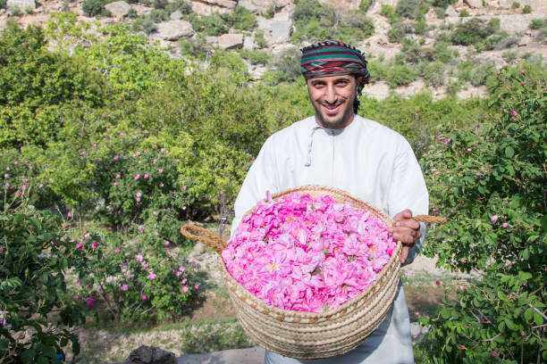 omani man with rose petals - harbor imagens e fotografias de stock