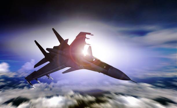 istock Air force jet flying over sunrise 683892052