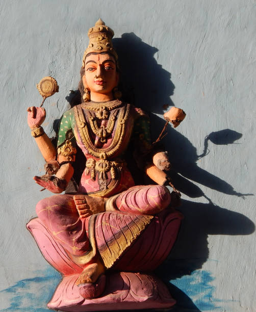 Indian Hindu Goddess Lakshmi on exterior wall of temple Statue of Indian Hindu Goddess Lakshmi wall art on exterior wall of temple indian goddess lakshmi stock pictures, royalty-free photos & images