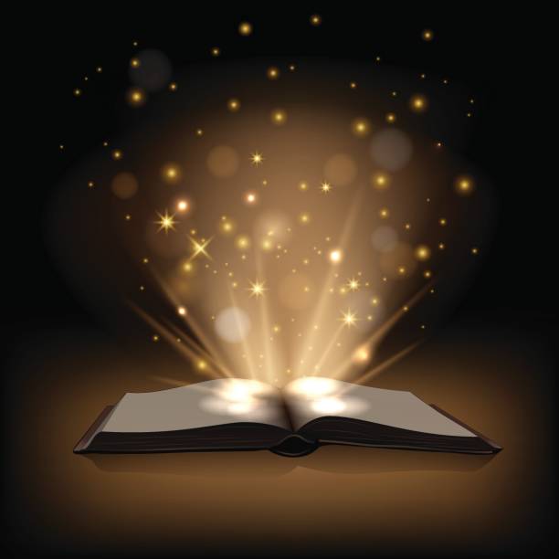 ilustrações, clipart, desenhos animados e ícones de livro de magia com magia luzes no fundo marrom escuro. ilustração em vetor. - book open magic bible