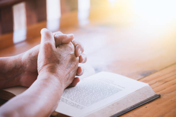 istock Elder woman hands folded in prayer on a Holy Bible 683914660
