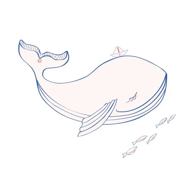 Vector illustration of Blue Whale with paper boat on head, cartoon illustration isolated on white background, vector graphic colorful doodle animal, Character design for greeting card, children invitation, baby shower