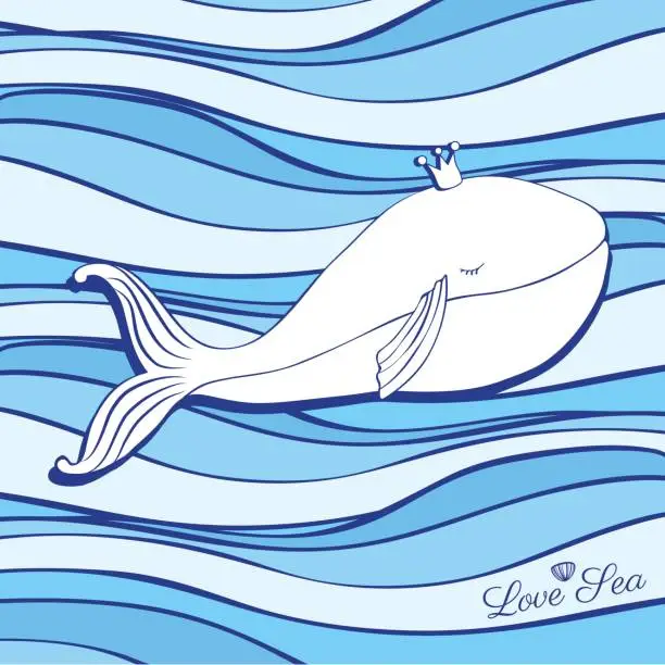 Vector illustration of lue Whale cartoon illustration isolated on decorative wave background, vector graphic colorful doodle animal, Character design for greeting card, children invitation, baby shower, travel postcard