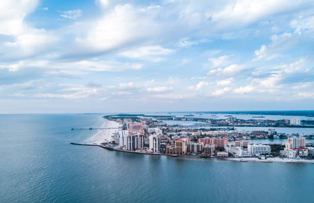 Clearwater Beach Aerial Shot Aerial photo of Clearwater Beach in Clearwater, FL. clearwater florida photos stock pictures, royalty-free photos & images