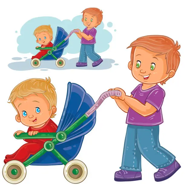 Vector illustration of Vector clip art illustration older brother wheeled baby stroller with kids.