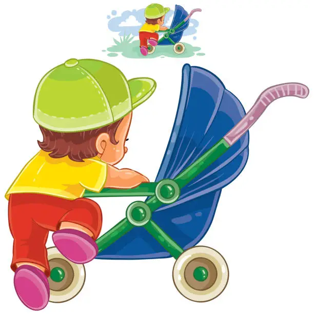 Vector illustration of Vector clip art illustration of little child climbs into a pram
