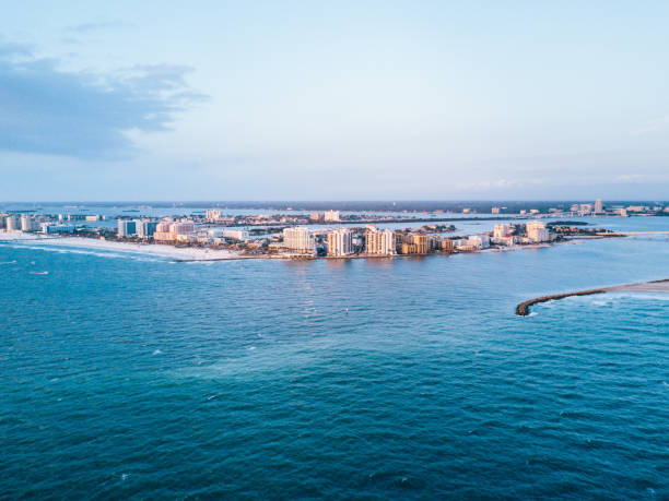 Clearwater Beach Aerial Shot Aerial photo of Clearwater Beach and Clearwater Pass in Clearwater, FL. clearwater florida photos stock pictures, royalty-free photos & images
