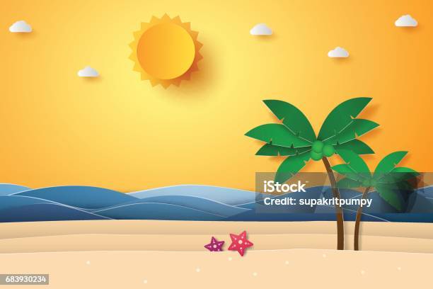 Summer Time Sea With Beach And Coconut Tree Stock Illustration - Download Image Now - Vacations, Summer, Weather