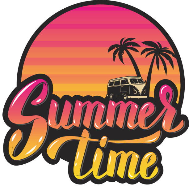 istock Summer time.Evening sun and palm trees. hand lettering phrase. Design element for poster, greeting card. Vector illustration. 683937588