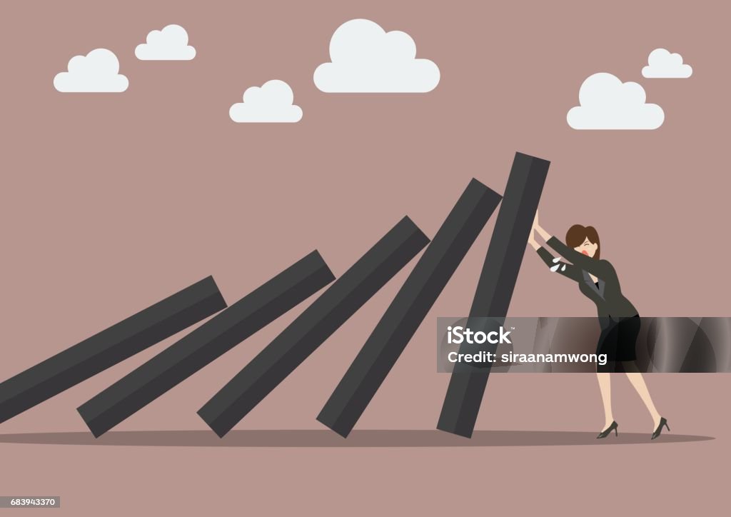 Business woman pushing hard against falling deck of domino tiles Business woman pushing hard against falling deck of domino tiles. Business Concept Pushing stock vector