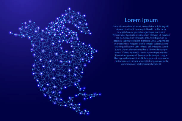 ilustrações de stock, clip art, desenhos animados e ícones de map of north america from polygonal blue lines and glowing stars vector illustration - north dakota