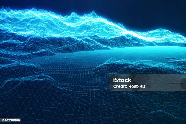 3d Illustration Concept Internet Connections In Cloud Computing Cyberspace Landscape Grid 3d Technology Abstract Blue Landscape On Black Background With Light Rays Stock Illustration - Download Image Now