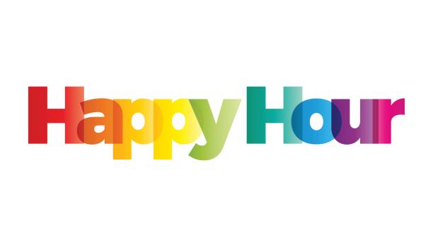 illustrazioni stock, clip art, cartoni animati e icone di tendenza di parola happy hour. banner vettoriale con il testo arcobaleno colorato. - aperitivo