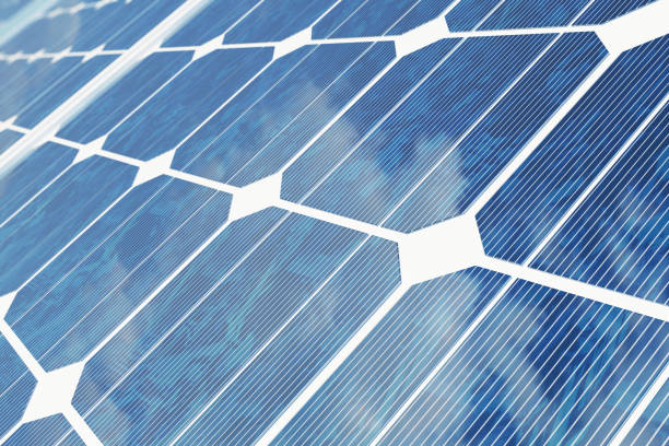 istock 3D illustration solar panels with reflection the sunny sky. Background of photovoltaic modules for renewable energy. 683951800