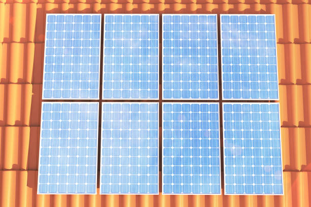 3D illustration solar panels on a red roff, power generation technology. Alternative energy. Solar battery panel modules with scenic sunset with blue sky with sun light. vector art illustration