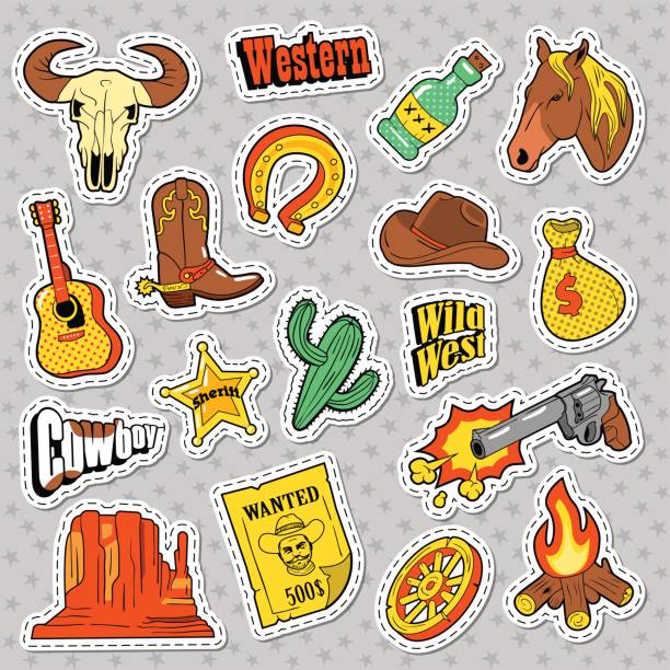 illustrazioni stock, clip art, cartoni animati e icone di tendenza di doodle western elements. adesivi wild west - horseshoe cowboy fire cowboy hat