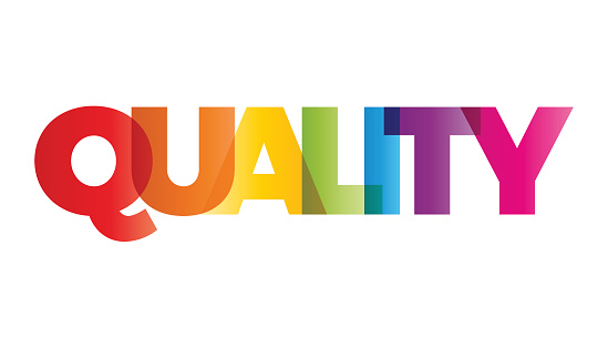 The word Quality. Vector banner with the text colored rainbow.