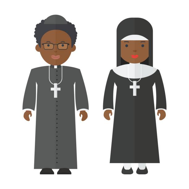 black people Priest nun Black people catholic priest and nun. Objects isolated on white background. Flat cartoon vector illustration. abbottabad stock illustrations