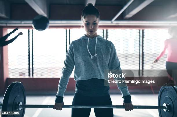 Fit Healthy Woman Lifting A Weight Barbell Stock Photo - Download Image Now - Weightlifting, Active Lifestyle, Adult