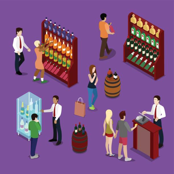 Alcohol Shop Interior with Wine Bottles, Customers Alcohol Shop Interior with Wine Bottles, Customers and Seller. Isometric vector flat 3d illustration buying liquor stock illustrations