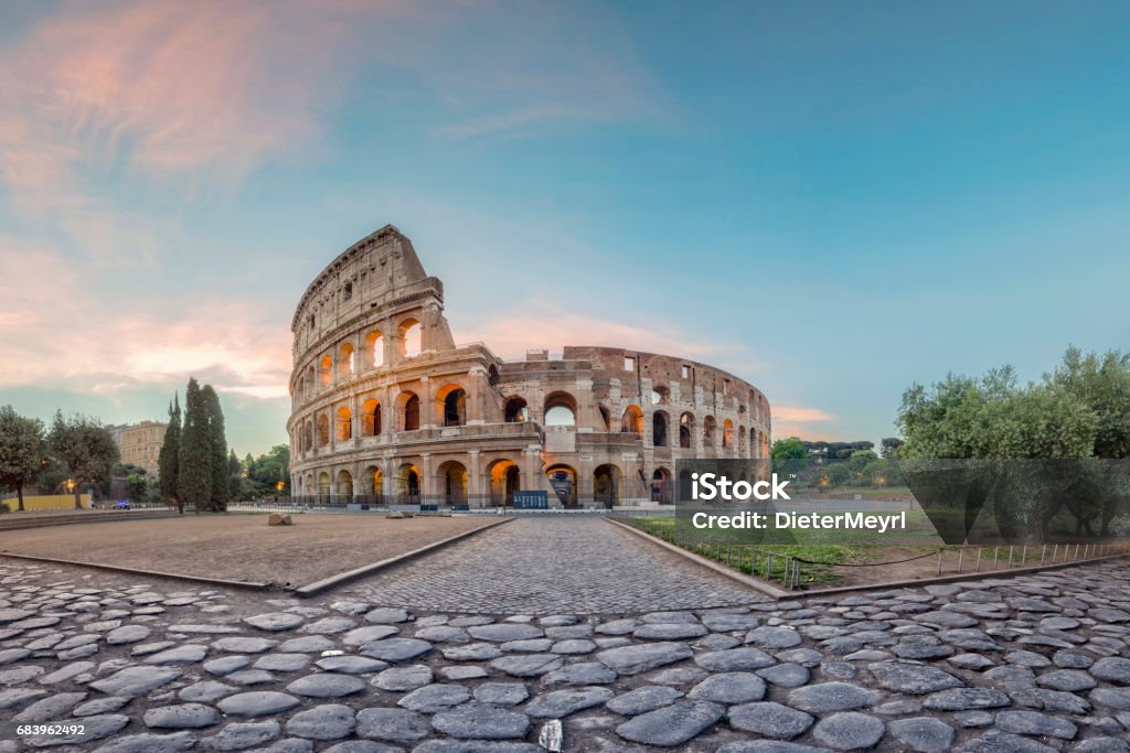 Sunrise at Colosseum, Rome, Italy Capital Cities, Famous Place, Sunrise - Dawn, Coliseum, No people, Europe Rome - Italy Stock Photo