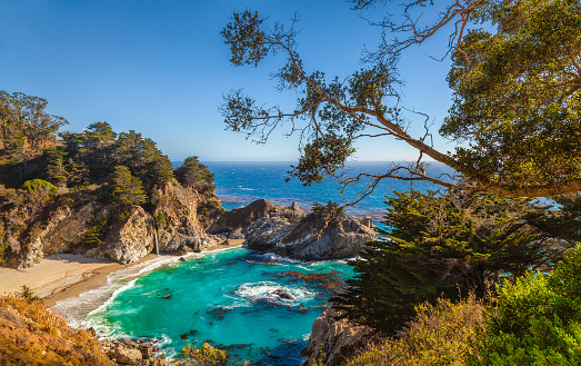 Coastal scene of Big Sur State park on a sunny day, California.