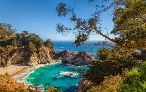 Classic postcard view of famous McWay Falls in scenic golden evening light at sunset on a beautiful sunny day with blue sky in summer, Julia Pfeiffer Burns State Park, Big Sur, California, USA