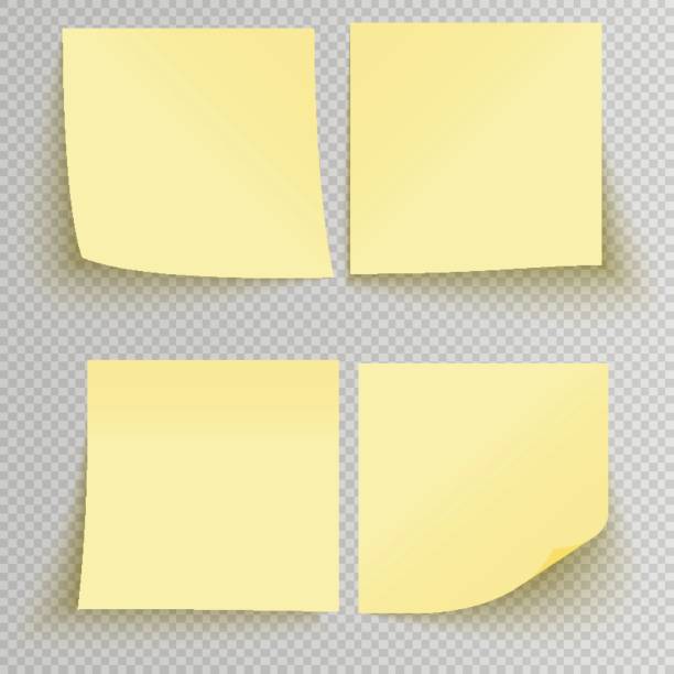 office sticky stickers Set of office yellow sticky stickers with shadow isolated on a transparent background. Vector yellow post notes template. bulletin board stock illustrations