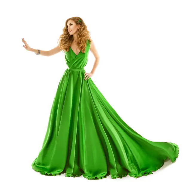 Woman Green Dress, Fashion Model in Long Silk Gown Touch by Hand, Isolated over White Background