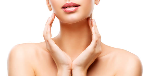 skin care beauty, woman lips and hands skincare, healthy body, white background - touching neck imagens e fotografias de stock