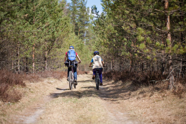 istock Little boy with mother riding bicycles on beautiful forest path 683974216