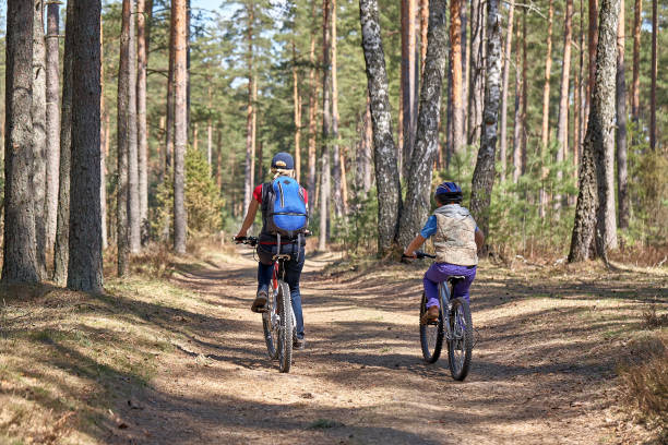 Women and boy biking on forest trails stock photo