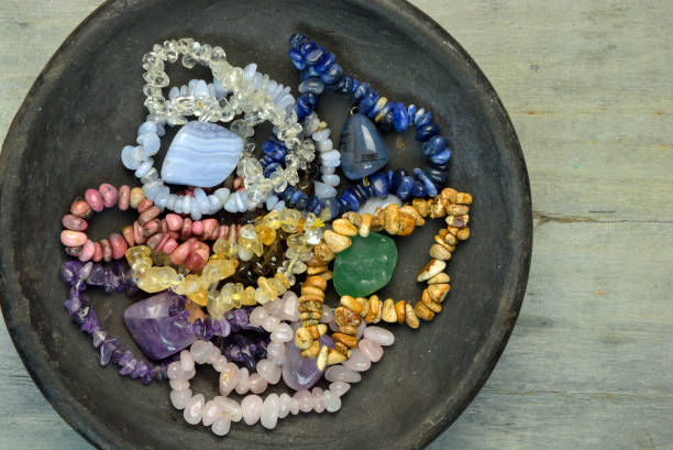 istock Gem stones and crystals decorated on a wooden background 683977136