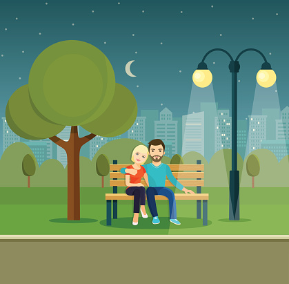 Smiling romantic Couple on Bench under a tree in the park. Vector flat illustration