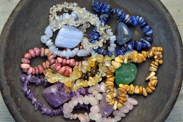 istock Gem stones and crystals decorated on a wooden background 683977268