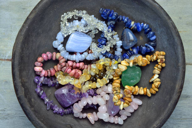 istock Gem stones and crystals decorated on a wooden background 683977310