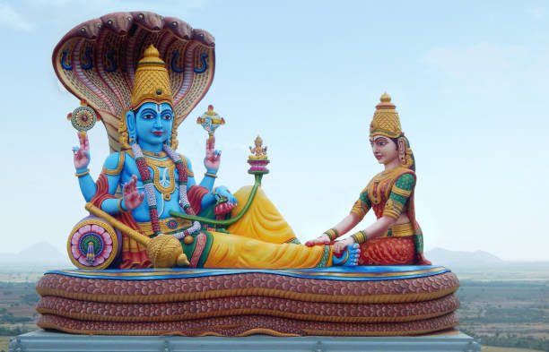 Statue of Lord vishnu and lakshmi Hindu God and goddess as in mythology in temple,India stock photo