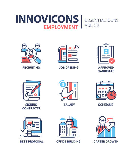 Employment- modern vector line icons set Employment - modern color vector single line icons set. Recruiting, job opening, approved candidate, signing contract, salary, schedule, best proposal, office building, career growth, credit, card sales pitch illustrations stock illustrations