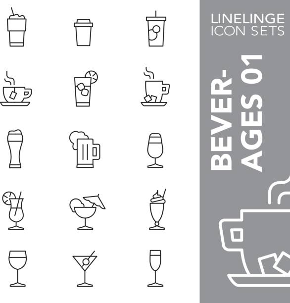 ilustraciones, imágenes clip art, dibujos animados e iconos de stock de linelinge bebidas 01 delgada línea icono sistemas - wineglass symbol coffee cup cocktail
