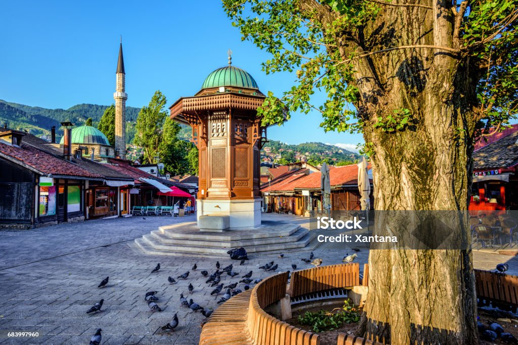 Sebilj fountain in the Old Town of Sarajevo, Bosnia Bascarsija square with Sebilj wooden fountain in Old Town Sarajevo, capital city of Bosnia and Herzegovina Sarajevo Stock Photo