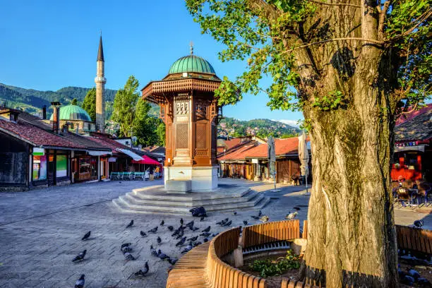 Bascarsija square with Sebilj wooden fountain in Old Town Sarajevo, capital city of Bosnia and Herzegovina