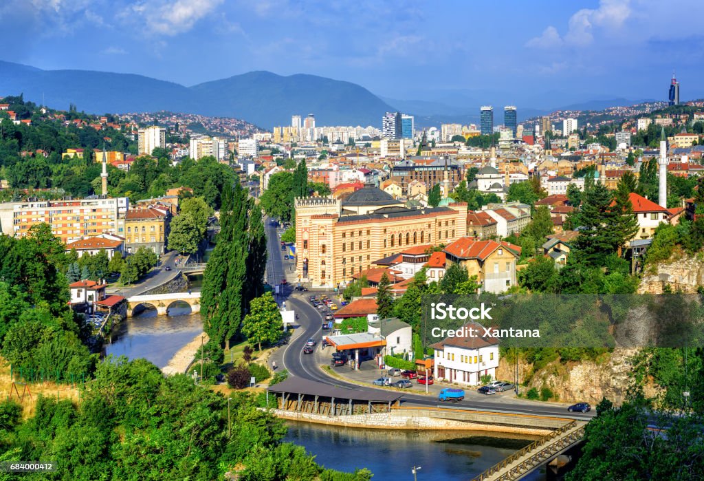 Sarajevo city, capital of Bosnia and Herzegovina Aerial view of Sarajevo, the capital of Bosnia and Herzegovina, with Latin Bridge, Miljacka River, National Library and the modern city Sarajevo Stock Photo