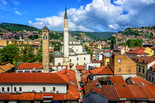 Old Town of Sarajevo with Gazi Husrev-beg Mosque and red tiled roofs of main bazaar, Bosnia and Herzegovina